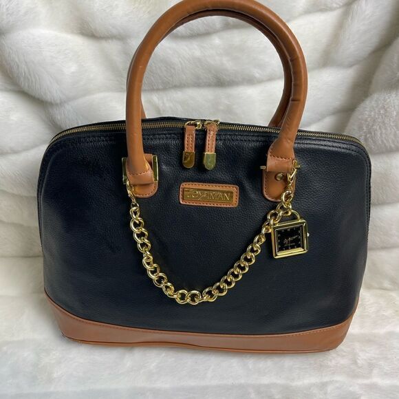 Joy & Iman Handbags - Joy & IMAN faux leather black and brown satchel bag with gold tone accen…